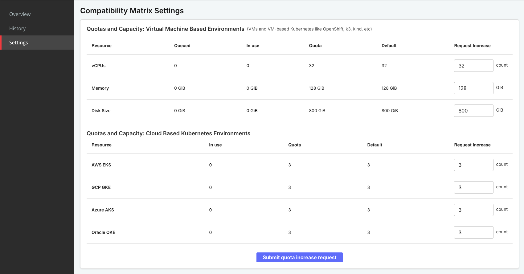 Compatibility matrix settings page